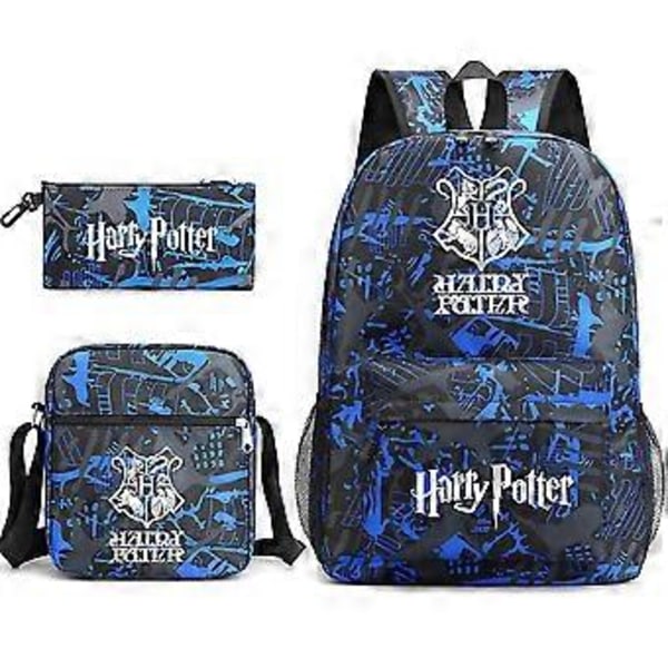 Harry Potter tre-delt skoletaske til børn, trykt stor kapacitet udendørs rygsæk #2 (blå dragt)