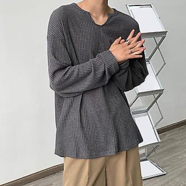 Herrar Våren Hösten O-Hals Långärmad Tröja Toppar Enfärgad Lös Passform Våffelstruktur T-shirt Streetwear (L Grå)