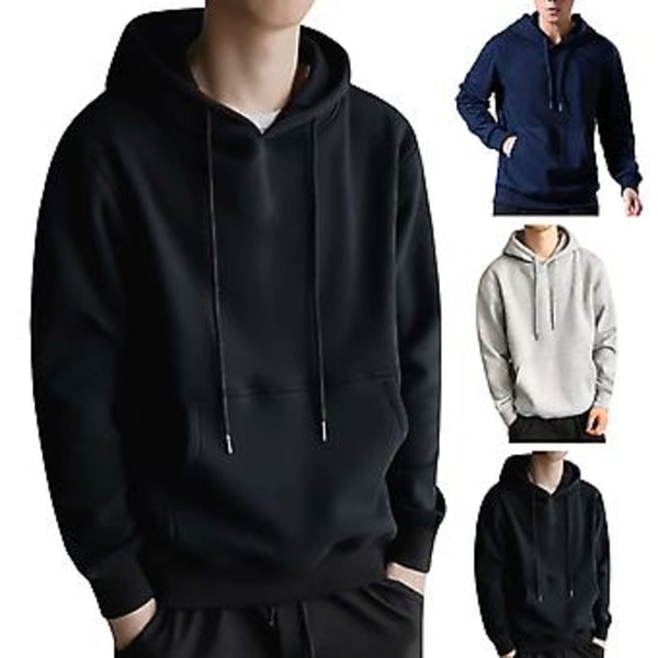 Hettegenser for menn med lange ermer, hette, snor, slitesterk, ensfarget, pullover, elastiske mansjetter, høstgenser (2XL svart)
