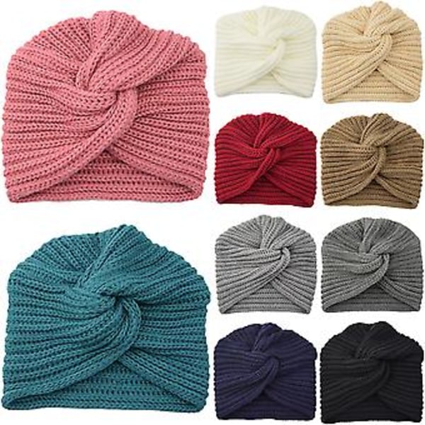 Vinterturban i stickad ull för kvinnor - Korsad, vriden, wrap-mössa, beanie, pannband (Svart)