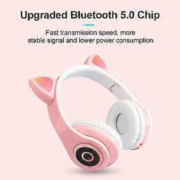 Søte Kattøre Trådløse Hodetelefoner Bluetooth 5.0 med 7 Farger LED Lys og Foldbar Volumkontroll (Svart)