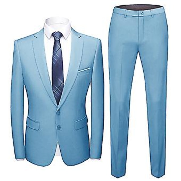 1 Sæt Blazer Bukser Ensfarvet Nedklappelig Krave Langærmet Slim Fit To Knapper Formelle Dragt Banket Prom(4XL Himmelblå)