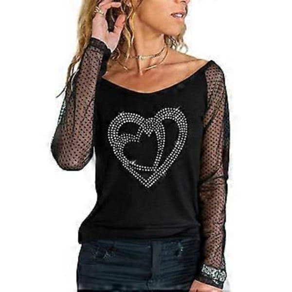 Dame Mesh Langærmet Skjorte Casual Rundhals Sheer Mesh Polka Dot Bluser Toppe (S farve 03)