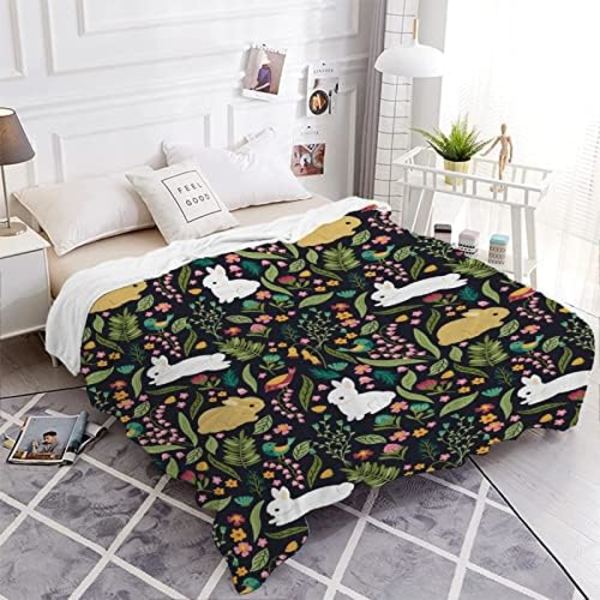Cartoon Kanin och Blommor Filt Söta Kanin Djur Lätt Överkast Filt för Kvinnor Män Mjuk Mysig Fleece Säng Soffa