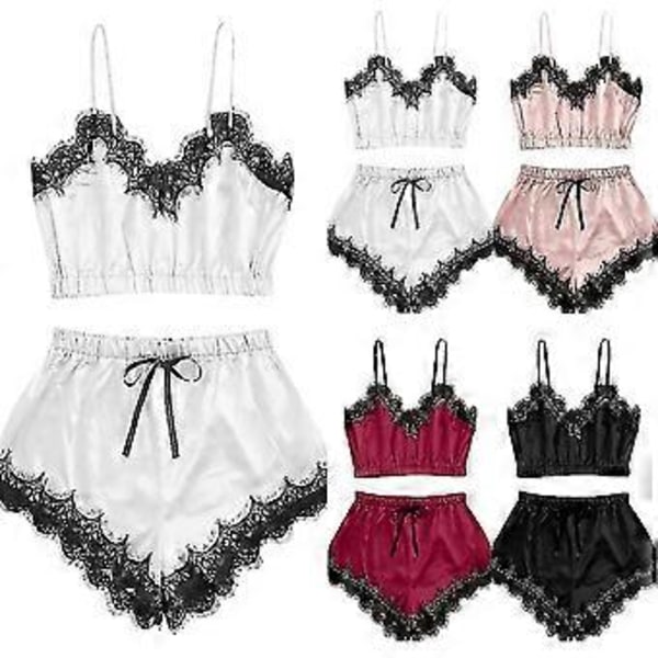 Dam Underkläder Spets Silke Satin Cami Linne Toppar Shorts Pyjamas Set Sovkläder Nattkläder -NMAOV(2XL Vit)