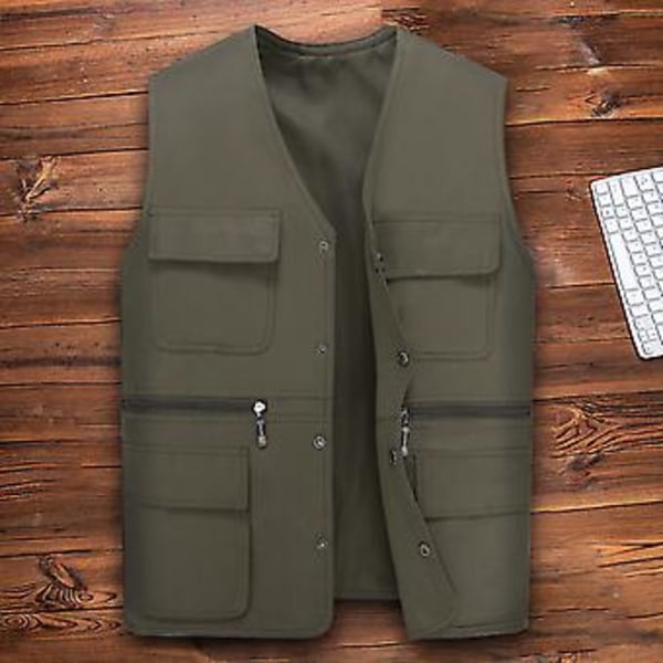 Herrar Arbetsväst Väst Flera Fickor Enfärgad Lös Streetwear Höst Vinter Plus Storlek Överallt Väst Jacka (2XL Khaki)