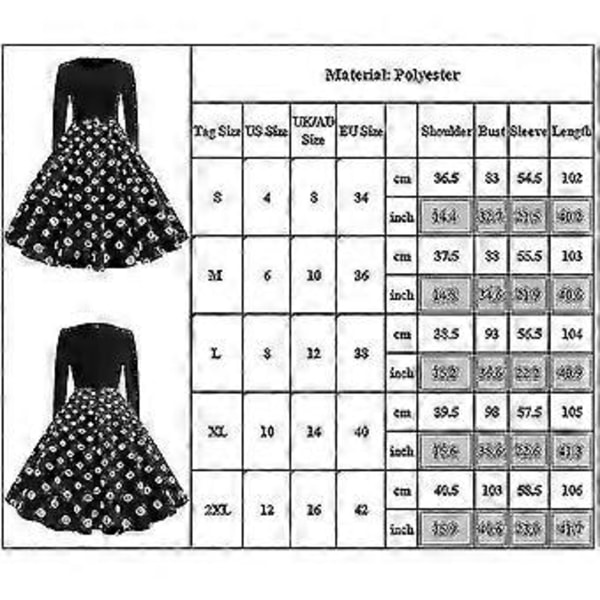 Naisten Retro 50-luvun 60-luvun Pitkähihainen Cocktail-juhla Pyöreäkauluksinen Pilkullinen Rockabilly-mekko (M)