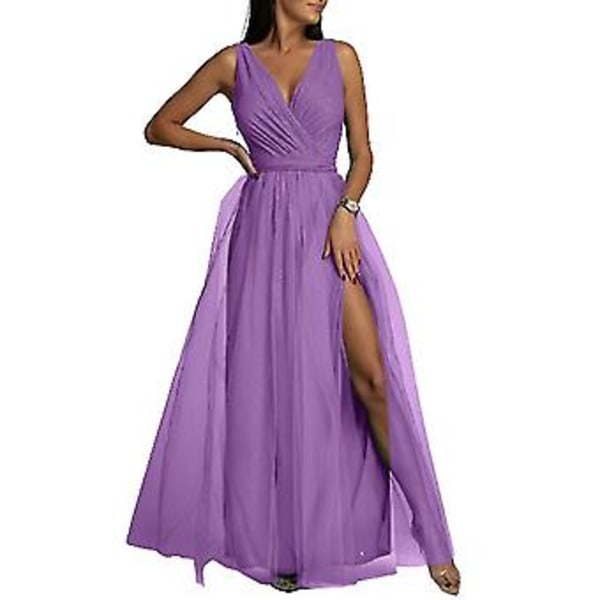 Dame V-hals Brudepige Bryllup Maxi Kjole Dame Galla Balkjole Aften Cocktail Party Slids Lange Kjoler Bedste Gave (2XL Lilla)