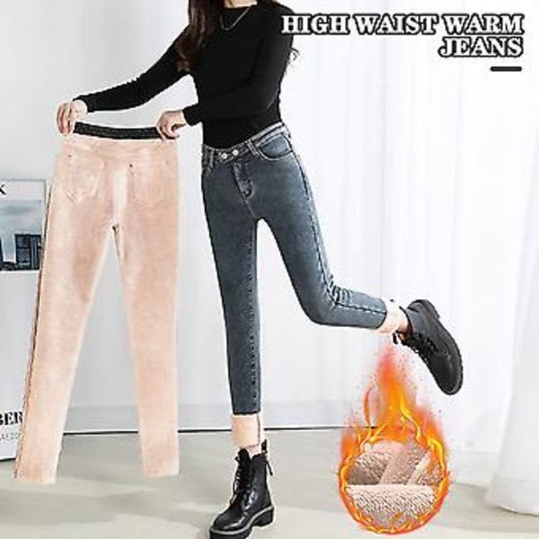 Dame Vinter Varme Bukser Højtaljede Mode Termiske Fleece Jeans Leggings til Afslappet (25 Sort Plys)