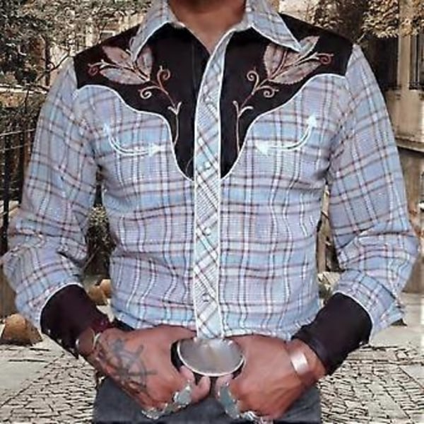 Miesten paita Vintage Western Cowboy -kuvioinen yksirivinen Slim Fit pitkähihainen alaslaskettava kaulus napit (2XL sininen)