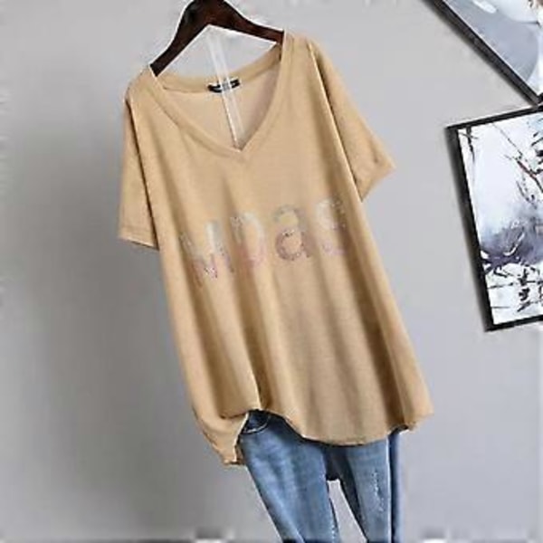 Extra Stor T-shirt Dam Sommar V-ringad Kläder Mode Lös Diamantprydd Bokstav Kortärmad T-shirt Dam (XXL tan)