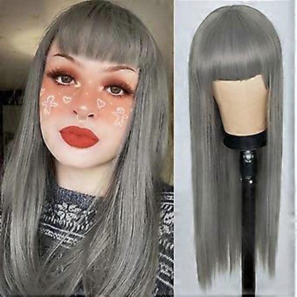 Pitkät suorat hiukset otsatukalla peruukki naisille, synteettinen luonnollinen peruukki, saatavana eri väreissä, päivittäiseen käyttöön, juhliin ja cosplayhin, premium pehmeä peruukki (harmaa)
