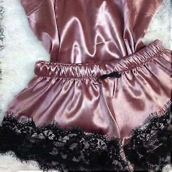 Lady Charming Satin Silk Lace Bodysuit Sexig Teddy Lingerie Nattkläder Sovkläder Underkläder (L Blekt Rosa Grå)