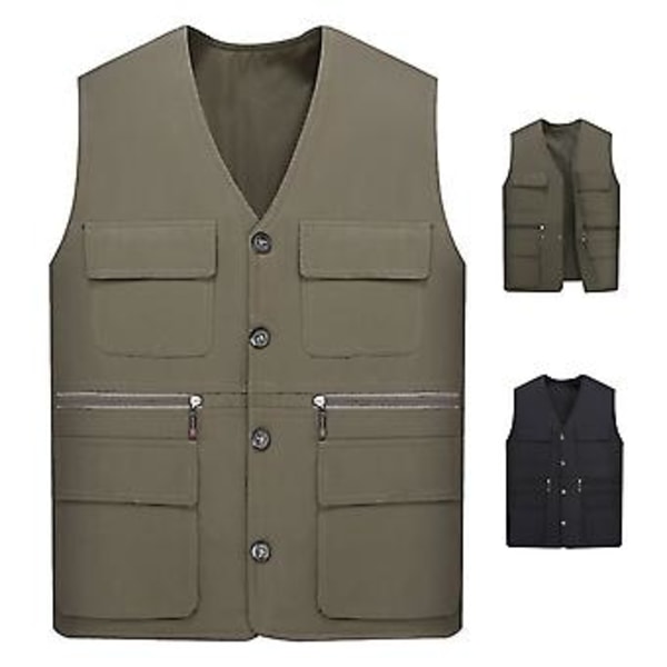 Mænds Arbejdsvest Veste Flere Lommer Ensfarvet Løstsiddende Streetwear Efterår Vinter Plus Størrelse Overordnet Vest Jakke (3XL Hærgrøn)
