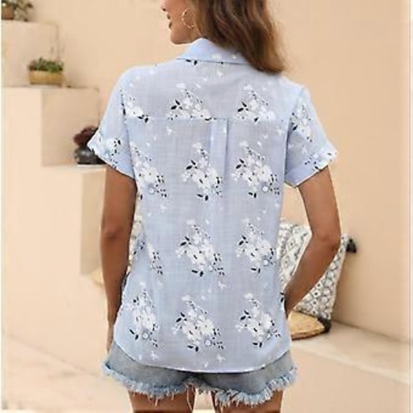 Dame Bomuld Linned Skjorte Turn Down Krave Enkelt Knap Bluse Hvid Gul Blå Toppe Sommer Kortærmet Blomsterprint Skjorter (5XL blå)