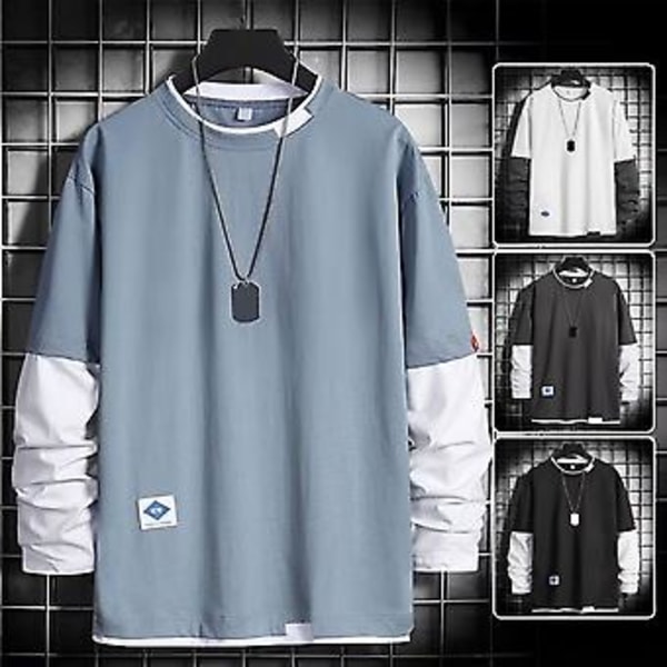 Miesten kevätpaita, teeshirt, kaksikerroksinen, pyöreä kaulus, pitkähihainen, löysä, lämmin, kontrastiväri, iholle miellyttävä, miesten yläosa, miesten vaatteet (L musta)