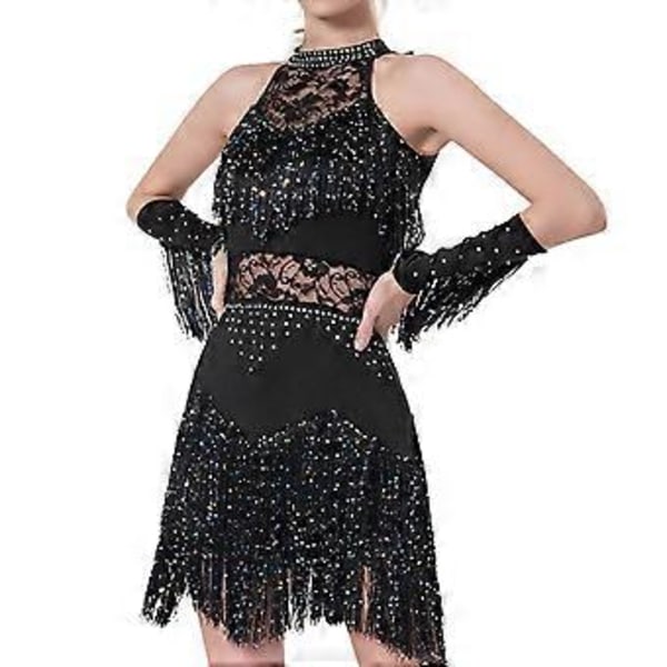 Dame Danse Duske Frynsekjole Glitrende Stilig Glitterkjole for Festival Tango (Svart 2XL)
