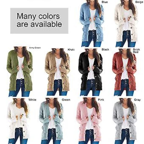 Kvinnors Långärmad Kabelstrickad Cardigan med Fickor, Casual Kavaj, Enfärgad (XL Khaki)