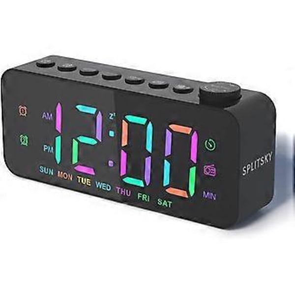 Digital Väckarklocka för Sovrum med FM-Radio, 8-Färgs Font Dimmer, USB A,C 2 Laddningsportar, Timer, Dubbla Alarm, Stor Siffra Sängbordsväckarklocka, för Ad