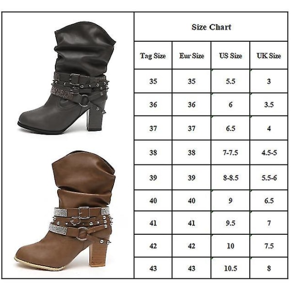 Women Rhinestone Booties Mid Block Heel Boots Casual Buckle Shoes Khaki Tag 41