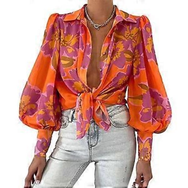 Dam Lapel Puff Långärmad Skjorta Toppar Blomstertryck Enkelknäppt Lös Passform Tunn Blus Arbetskläder (XL orange)