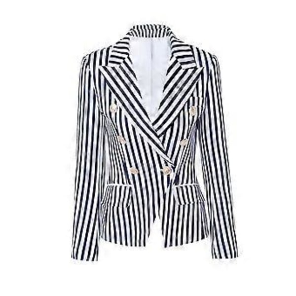 Stribet Print Suitjakke med Dobbelt Bryst og Hakket Rever - Slim Fit Blazer (L Blå)
