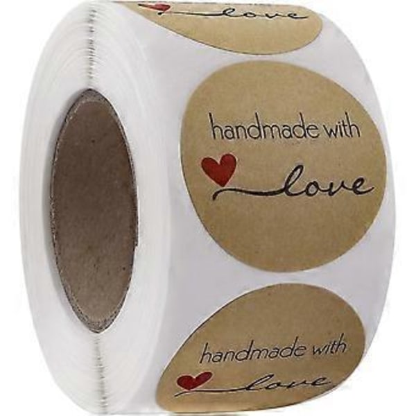 SZTXJ Kraft-paperitarrat \"Käsin tehty rakkaudella\" 2,5 cm pyöreä liimatarra rulla Kraft Käsin tehty rakkaudella -tarra DIY-leivontaan, leikekirjoihin ja lahjoihin