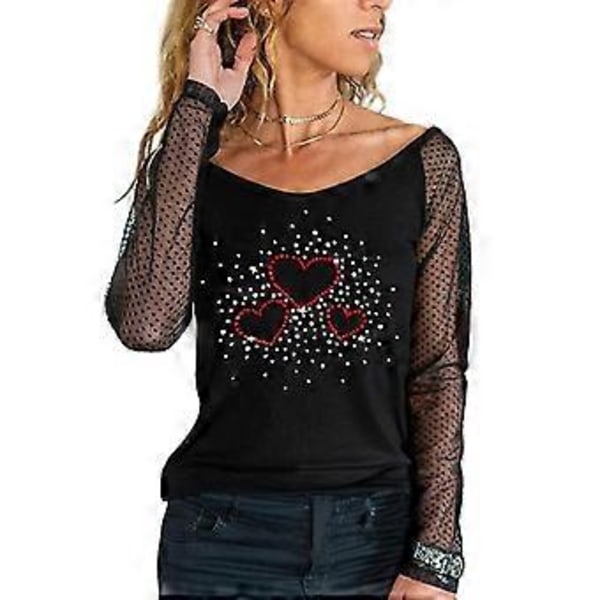 Dame Mesh Langærmet Skjorte Casual Rundhals Sheer Mesh Polka Dot Bluser Toppe (XL farve 02)