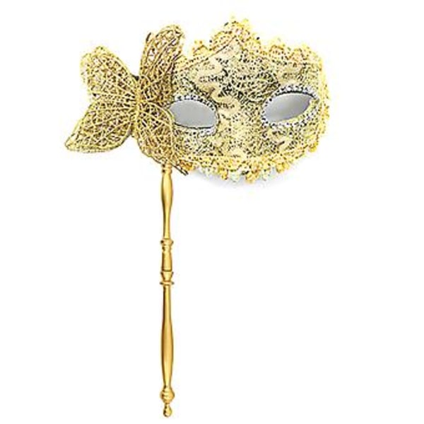 Halloween Party Maske med Holdestang Aften Prom Maskerade Maske Scene Cosplay Rekvisitter Venetiansk Halvmaske til Kvinder (Guld)
