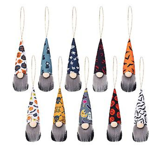Nye Halloween-pynt i forskjellige varianter - små ornamenter med flaggermus, edderkopp, gresskar og nisse (dype farger (5 stk))