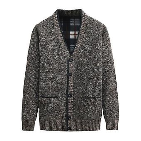 V-ringad stickad tröja med fickor, höst- och vinterfleecefodrad, enfärgad cardigan, ytterplagg (XL Kaffe)