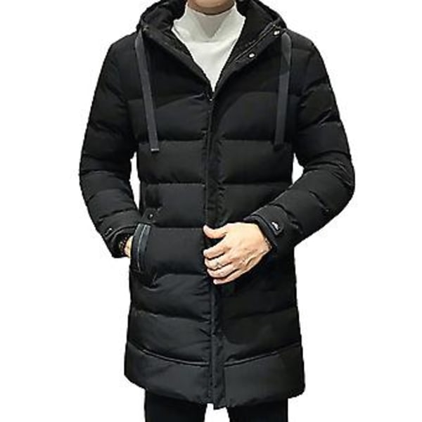Herrarnas Vinter Parka Dunjacka Huva Ultimate Värme Vindskydd Hög Krage Mellanlång Utomhus Snöjacka (L Svart)