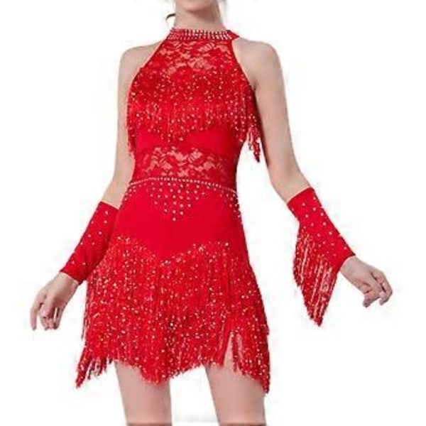 Dame Danse Kvaster Frynsekjole Glitrende Stilfuld Glitterkjole til Festival Tango (Rød 2XL)