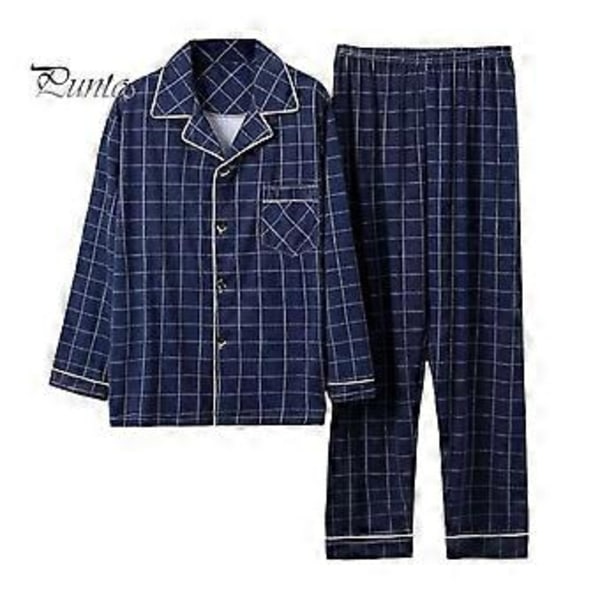 2 stk/sett Herre Pyjamas Sett Rutete Trykk Slag Langermet Enkeltspent Skjorte Elastisk Midje Lange Bukser Sett Løs Passform Loungewear Dress (L mørkeblå)