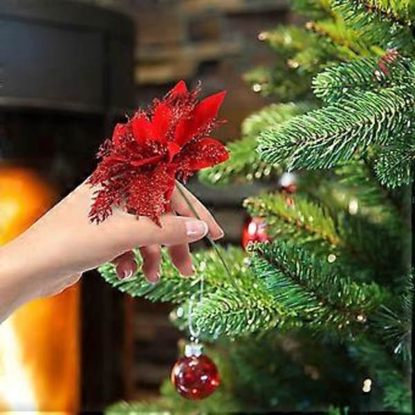 Juleblomster i kunstig julestjerne, glitter, julepynt, juleblomster, juletrær, kranser, nyttårsbryllup, festpynt (sølv)
