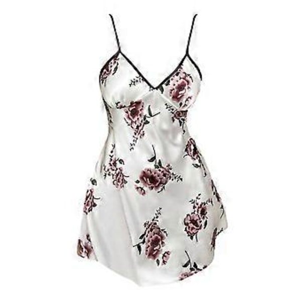 Kvinner Satin Trykk Chemise Nattkjole Kjole Ermeløs Sexy V-Hals Nattøy Ryggløs Sleepwear (M hvit)