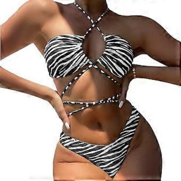 Naisten seksikkäät olkaimet Halter Cross Front High Cut String 2-osainen bikinisetti uimapuku (M Musta)