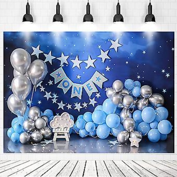 Blå himmel med glittrande stjärnor ballonger Pojkar 1 års födelsedagsfest Ett år gammal Tårta krossa Dekoration Bakgrund för hemfest Banner Fotostudio, 7x5ft