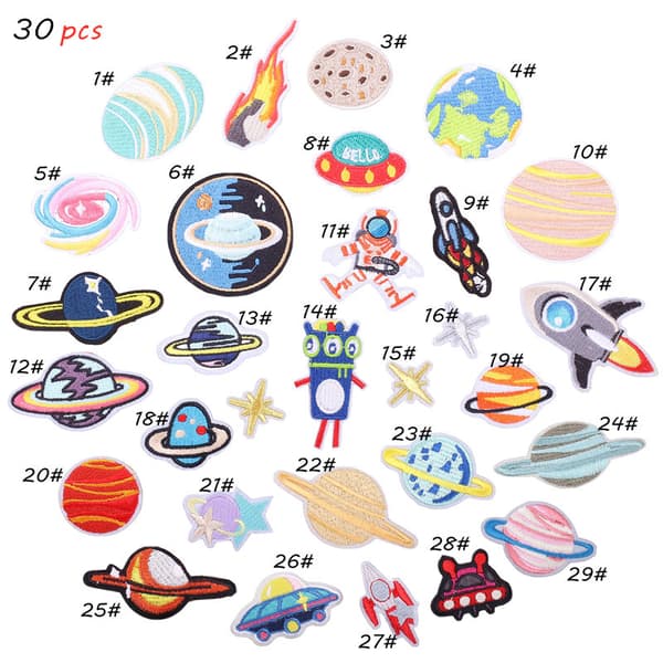 30 stk Datamaskinbroderte stempler, astronaut brodert stofflapp