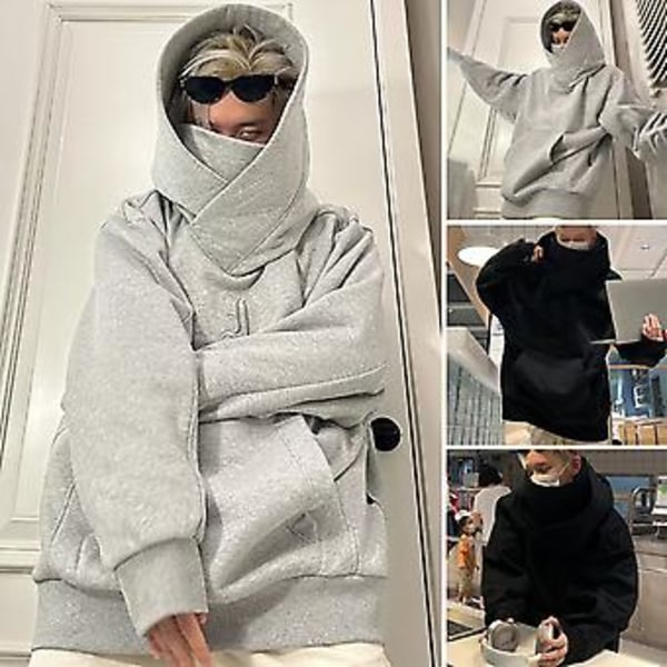 Mænds Hoodie Solid Farve Hættetrøje Lange Ærmer Trøje Tyk Koldbeskyttende Høj Hals Hip Hop Efterår Hoodie til Dating (2XL Sort)