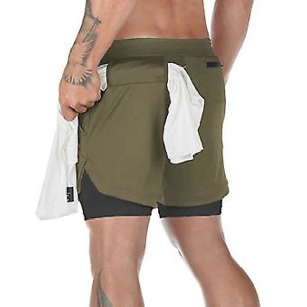 Löparshorts för män, avslappnade utomhus, lösa, med flera fickor, dubbellager, träningshorts för träning (M 858 Armégron)