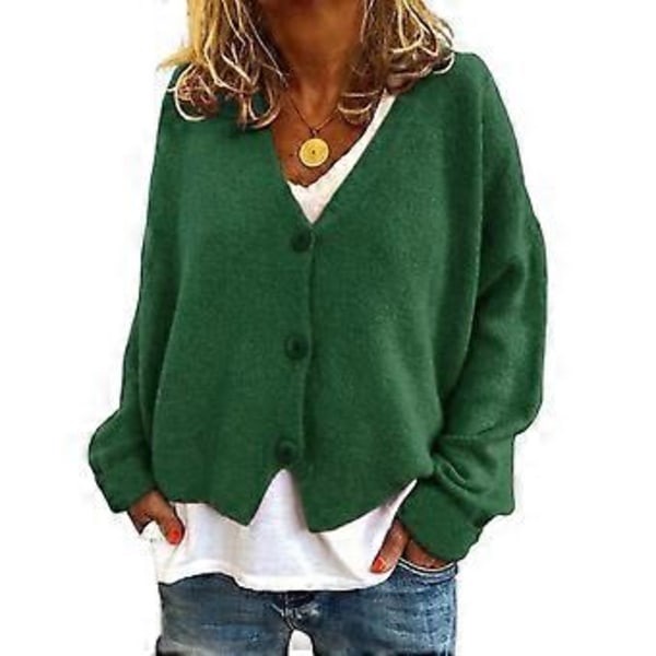 Damtröja Kofta V-ringad Långärmad Enkelknäppt Stickad Tröja Enfärgad Lös Passform Kofta (2XL grön)