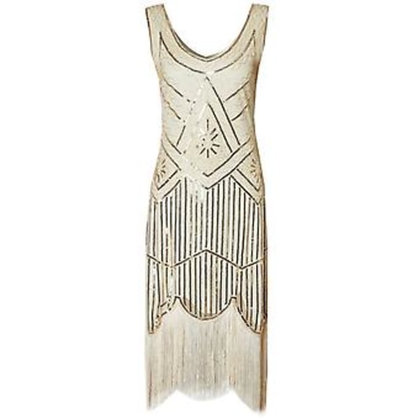 Kvinders 1920'er Flapper Kjole Lang Frynset Great Gatsby Kostume Kjole 20'er Vintage Fest Sequins Perler Vintage Kjoler (XL Beige)