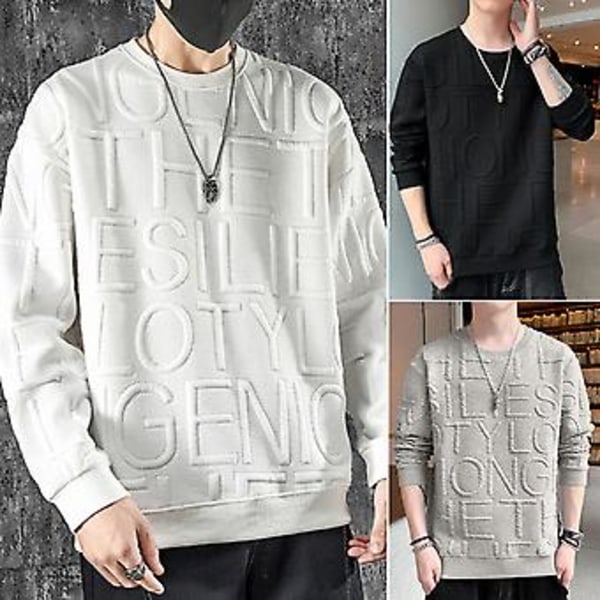 Herrar Hösttröja Engelska Bokstäver Rund Hals Långärmad Casual Tröja Varm Andningsbar Koreansk Stil Vårtröja Herrkläder (XL Vit)