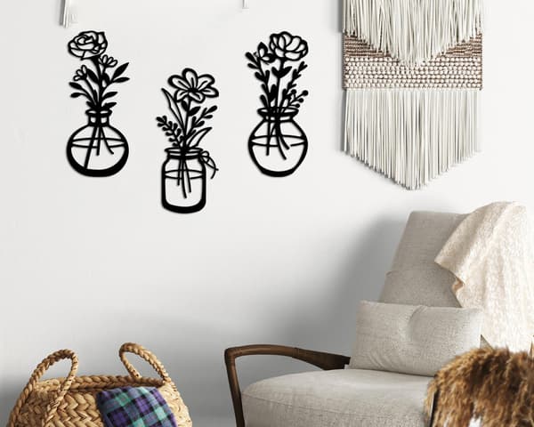 3 deler metallvase blomster veggkunst - rustikk gårdshusstil