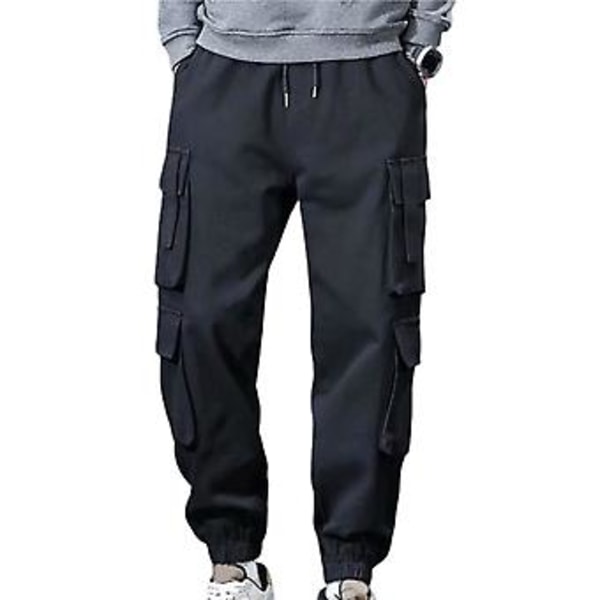 Fianao Mænds Bukser Fleece Elastisk Talje Tyk Multi Lommer Cargo Bukser til Skole (4XL Sort)