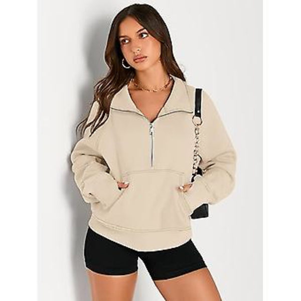 Dame Sweatshorter Halv Zip Croppede Trøjer Fleece Kvart Zip Hoodies Efterårs Outfits Tøj Tommelhul Abrikos, S