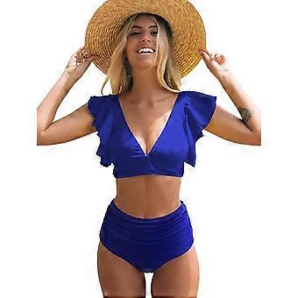 QQDD Dame Flæse Høj Talje Badedragt Todelt Push Up Tropisk Print Bikini (S Blå)