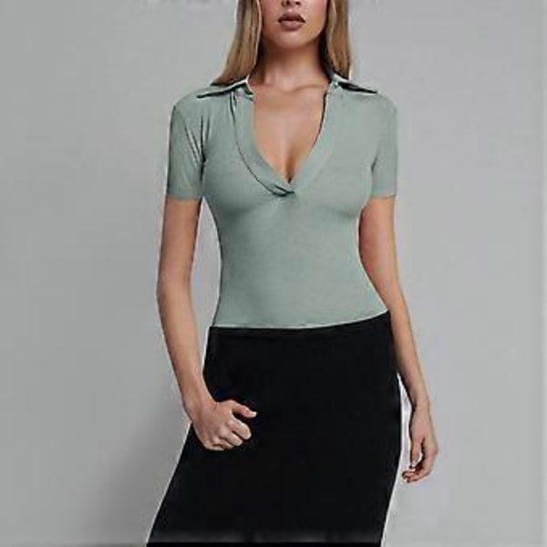 Åtsittande Jumpsuit Topp Slank Djup V-ringad Kortärmad Enfärgad Nedåtvänd Krage Ribbad En-delad Topp (XL Grön)