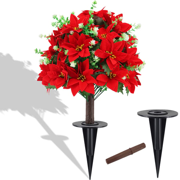 Sæt med 2 kunstige julestjerne-havestokke – Røde kunstige juleblomster til udendørs havepynt